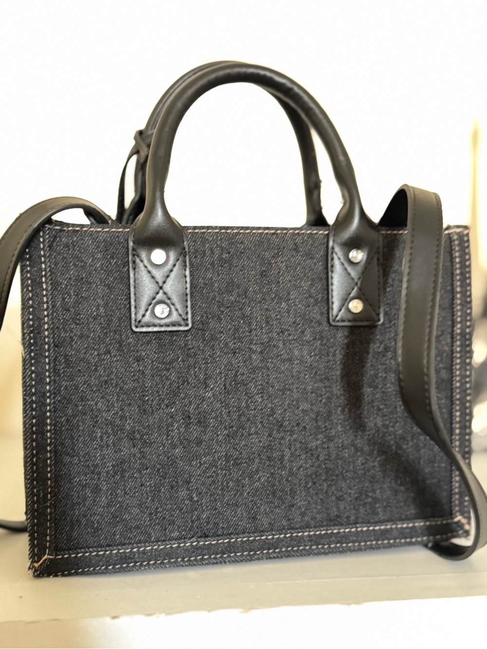 True Religion Black Denim Satchel with Leather Trim and Logo Stitching - Picture 2 of 11